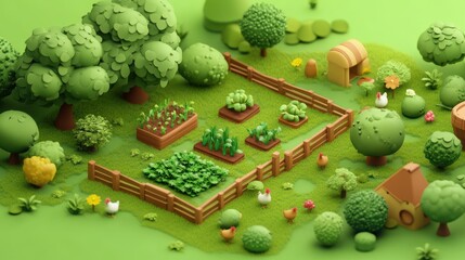 Low Poly 3D Render of a Cartoon Farm Yard with Chickens and a Vegetable Garden