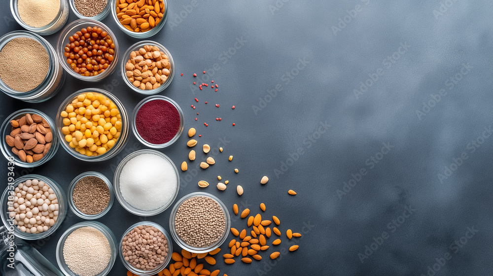 Poster various jars filled with colorful spices, grains, and nuts are arranged neatly on a dark surface, sh