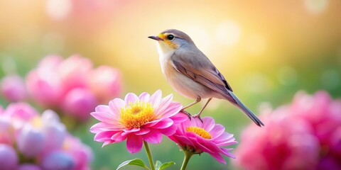 A tranquil scene showcasing a minimalist bird and flower in soft pastels, this nature photography captures wildlife beauty with an elegant composition and an artistic touch.