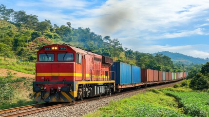 Fototapeta premium Freight train loaded with shipping containers passing through a rural landscape, transportation logistics