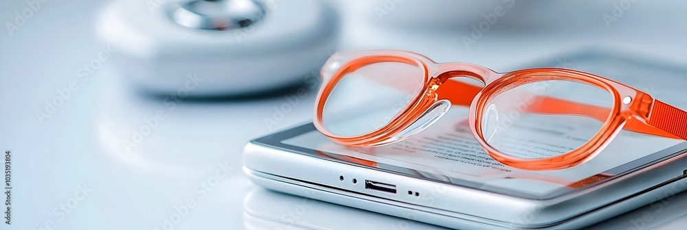 Aufkleber close up view of a digital tablet showing an e book or digital publication with reading glasses plac
