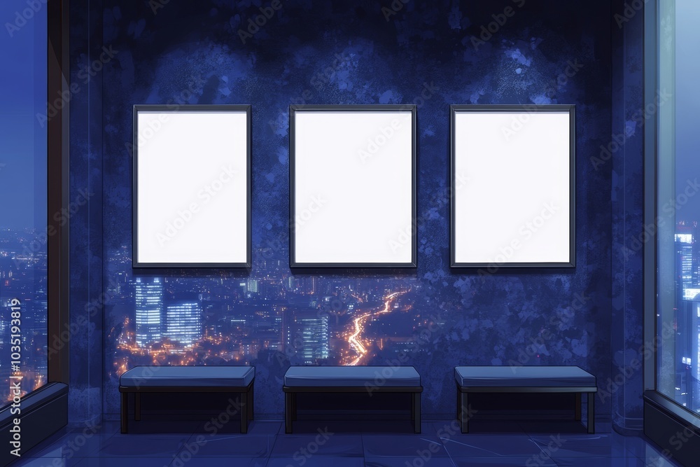 Poster an evening view of the city is shown in this 3d rendering of a blank canvas in a modern office.