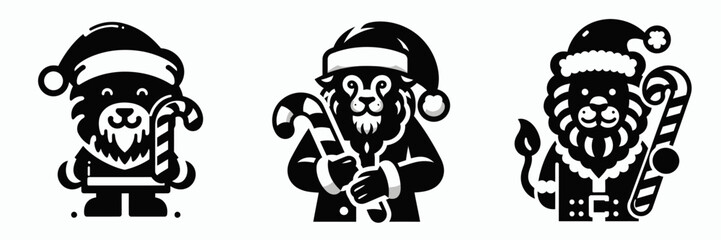 Festive lion in santa costume with candy cane