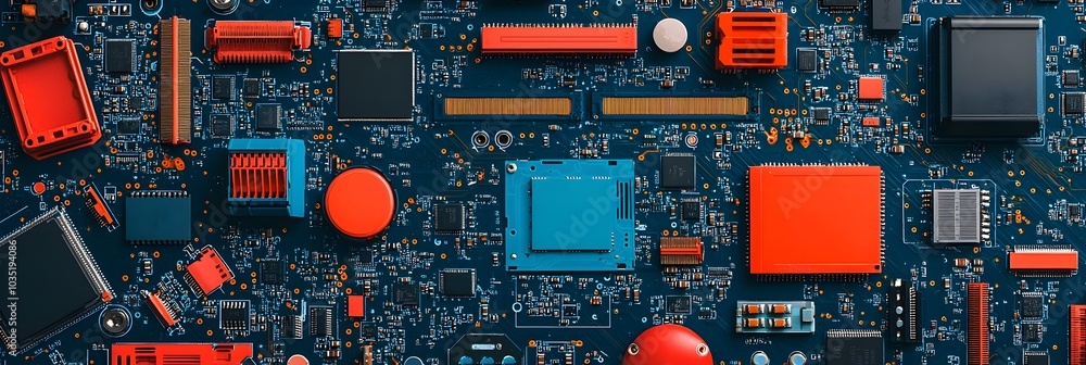 Poster Close up view of various microchips and processors scattered across a sleek reflective metallic surface showcasing the intricacies of modern digital technology and engineering