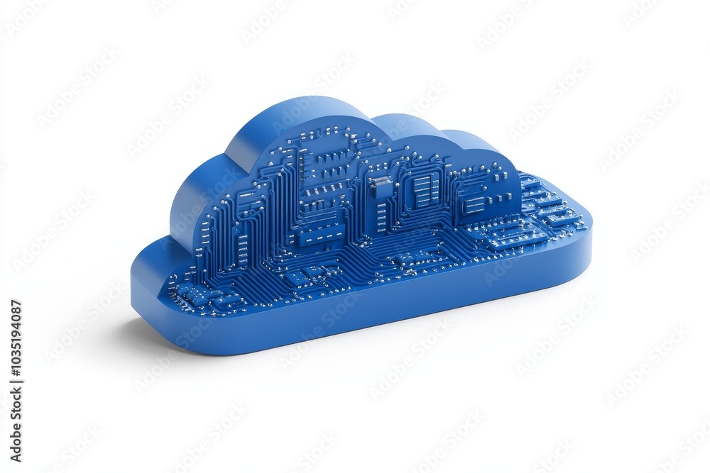 Poster the circuit design of a cloud symbol on a white background is rendered in three dimensions.