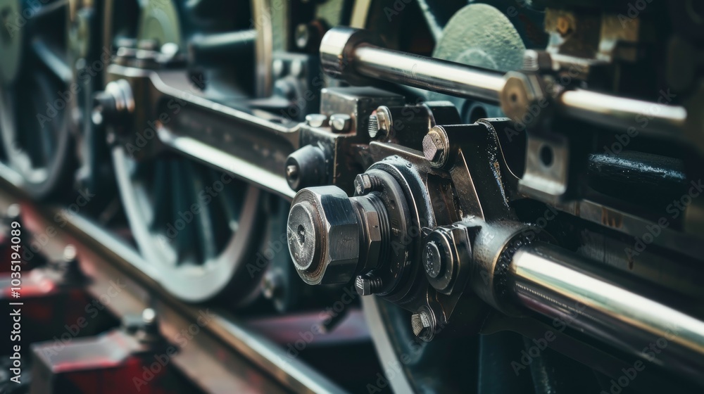 Wall mural A close-up of a train's brake system and connecting rods, with the complexity of mechanical parts, Railway setting with intricate details