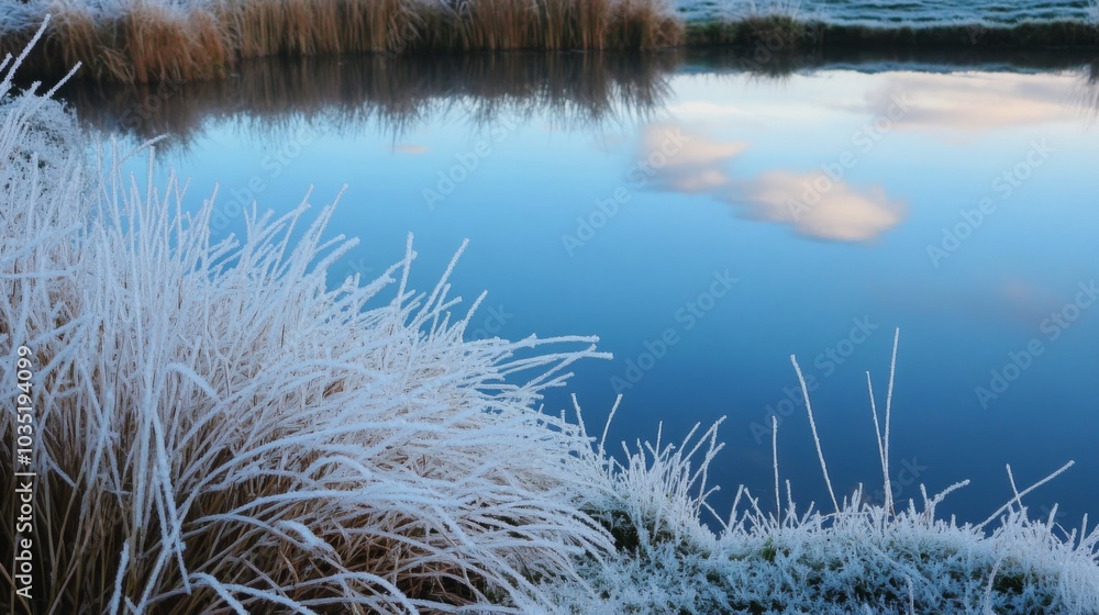 Poster early in the morning, frost blankets the tall grass along the water's edge, creating a serene winter