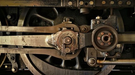 A close-up of a train's brake system and connecting rods, with the complexity of mechanical parts, Railway setting with intricate details