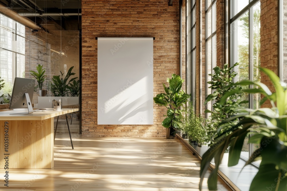 Poster it is displayed in a modern executive office with glass partitions. the image is a 3d rendering.