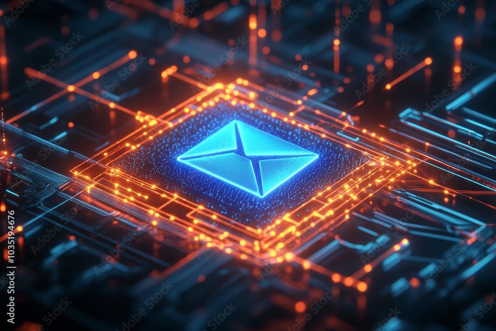 Poster concept of electronic mail shown in blue tones with circuit lines on a white background in this 3d r