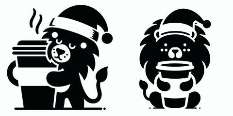 Lion in santa hat embracing giant coffee cup