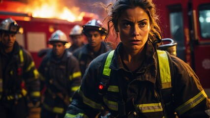 Fototapeta premium Female Firefighter Heroically Wields Fire Extinguisher at Night Scene