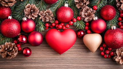 Charming Christmas decoration featuring a red heart placed on a rustic wooden board. This warm and festive scene creates an inviting holiday background, perfect for seasonal greetings, cards, and prom