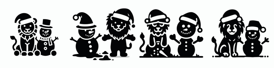 Naklejka premium Lion in santa hat poses with collapsing snowman