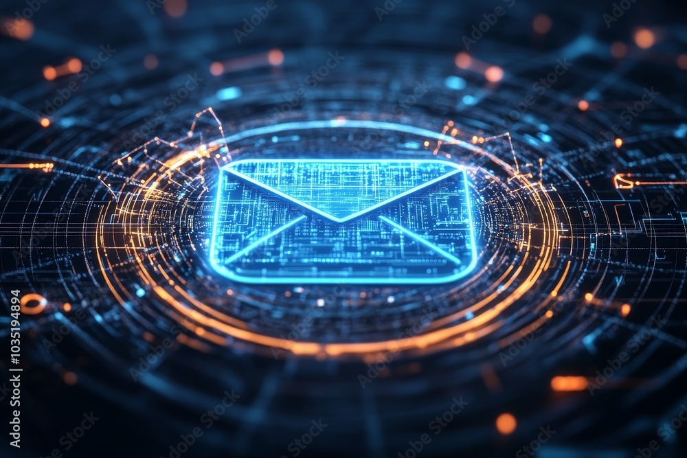 Poster an electronic mail icon in blue tones with circuit lines on a white background. 3d rendering.