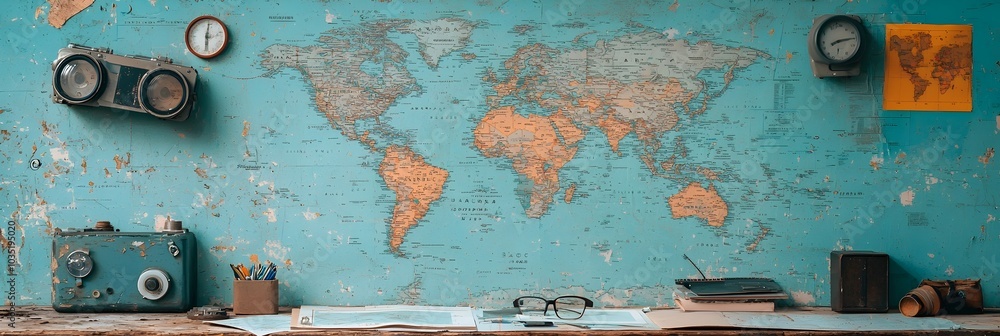 Poster closeup view of detailed world maps atlases and geography tools arranged for comprehensive study res