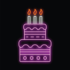 Purple and orange neon sign illustrating delicious birthday cake with candles on top