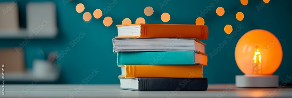 Aufkleber Cozy and workspace setup with a stack of vibrant colorful books and a warm glowing desk lamp creating a comforting and productive ambiance for study reading or creative work