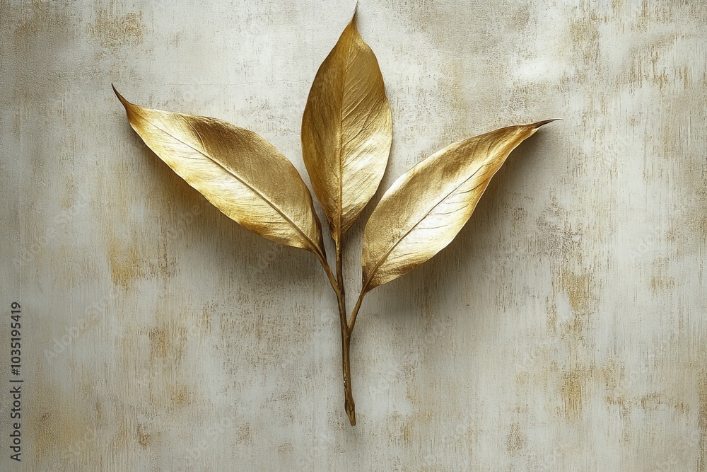 Poster simple gold leaf sculpture placed on a textured canvas symbolizing minimalism artistic expression an