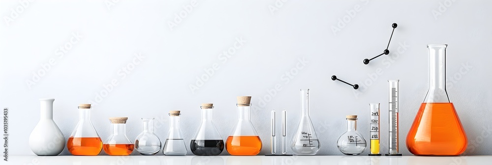 Poster detailed scientific laboratory setup with various glass beakers containers and chemical solutions re