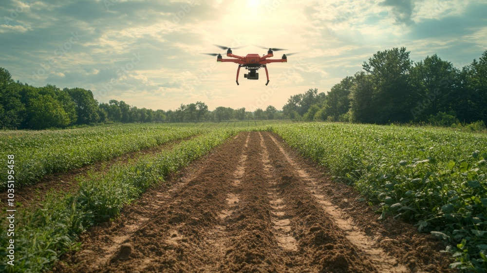 Poster a drone hovers above a vibrant green field, capturing aerial views of the crops below while the sun 