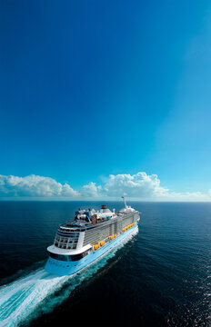 Aerial view of a luxury cruise ship sailing through the ocean under a clear blue sky. 