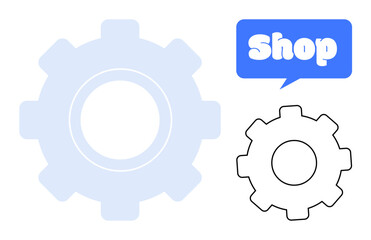 Two gears, one light blue and one black outline. Speech bubble with Shop text. Ideal for mechanics, engineering, shopping, industrial themes, and technological interfaces. Clean and minimal design