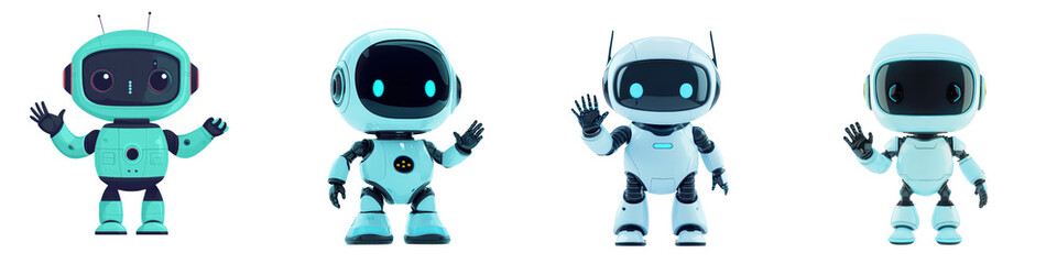 Adorable and innovative cartoon robot cyborg or characters posing on a clean white background  Futuristic humanoid machines with modern and industrial design elements