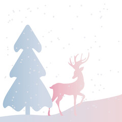 winter background postcard with a deer and a Christmas tree. 