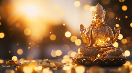 Goddess Laxmi Bestowing Wealth and Prosperity A divine representation of Goddess Laxmi, draped in rich traditional attire, seated gracefully on a lotus flower, with gold coins flow