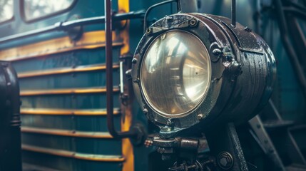 Fototapeta premium A close-up of a train's headlight and front grille, with detailed textures of the metal and glass, Railway setting with rugged details
