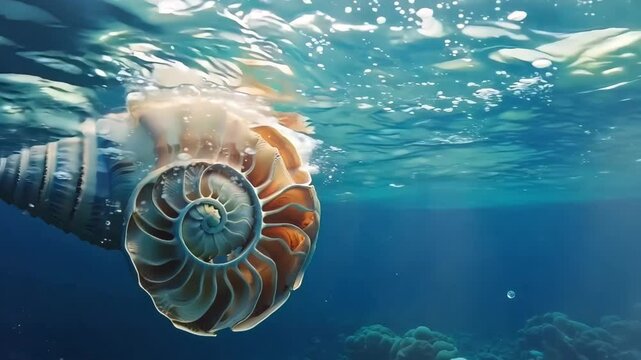 Nautilus shell floating in deep ocean, Video