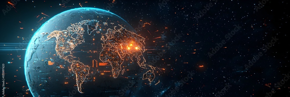 Poster floating holographic display of a world globe map surrounded by futuristic space atmosphere with glo