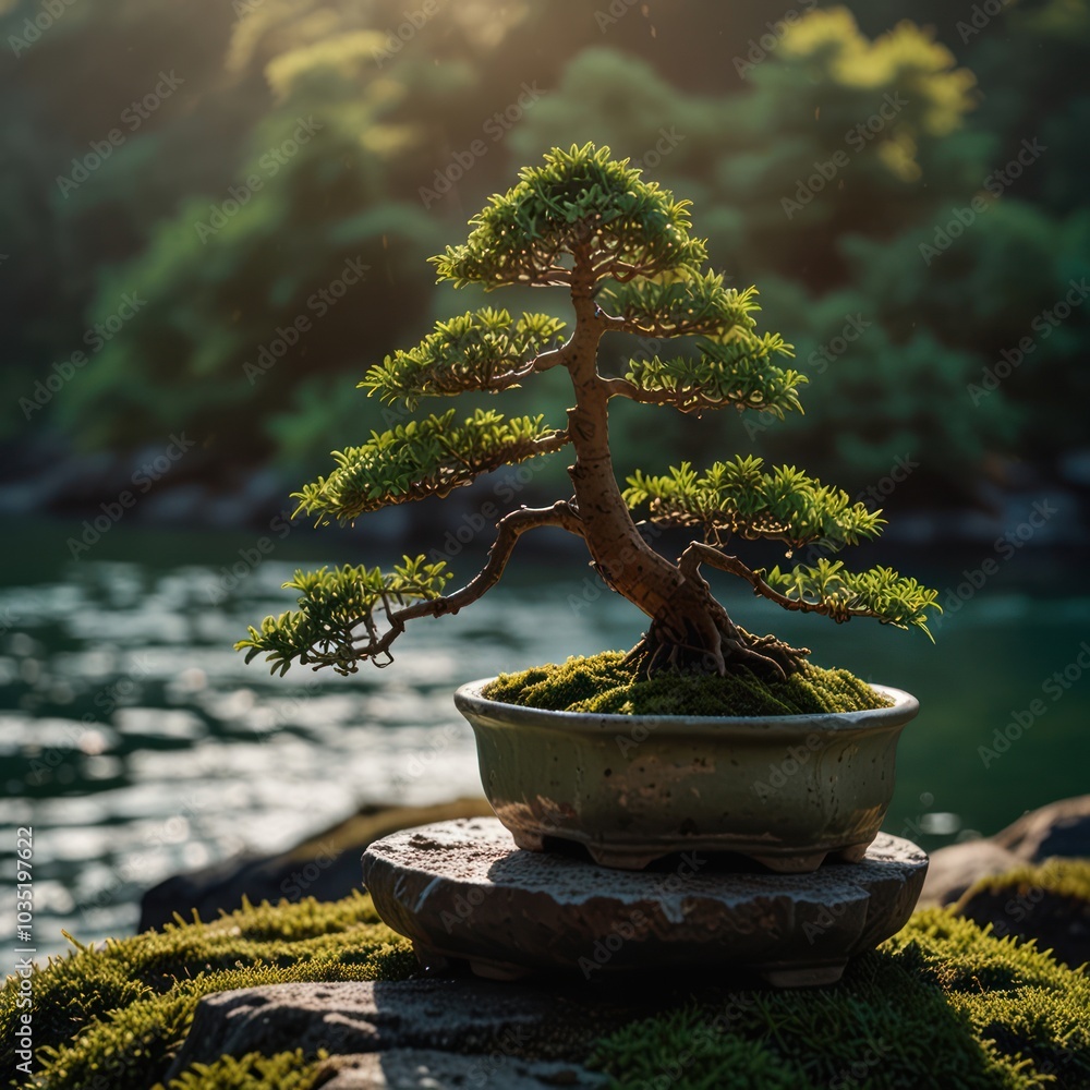 Poster a bonsai tree in a pot on a stone platform with a river and forest in the background.