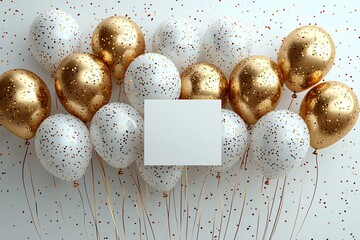 Elegant Christmas design featuring white and gold balloons, perfect for holiday invitations, celebrations, and festive events, with space for personal messages.