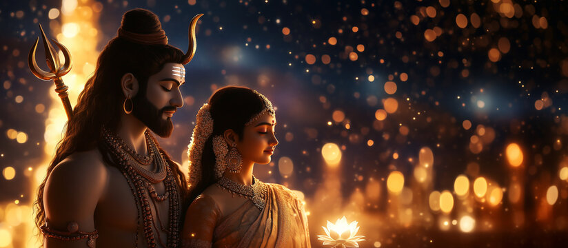 Lord Shiva and Mata Parvati Divine Portrait A serene and divine portrayal of Lord Shiva and Mata Parvati standing side by side, radiating calm and grace. Shiva is depicted with his