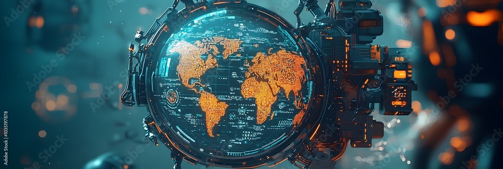 Poster floating holographic display of a detailed world map in a sleek futuristic digital space showcasing 
