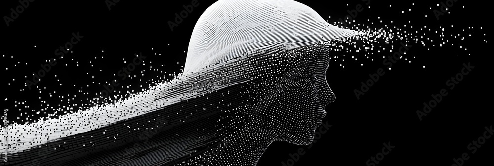 Poster flowing abstract lines and waves suggesting the visualization of digital data transmission or audio 