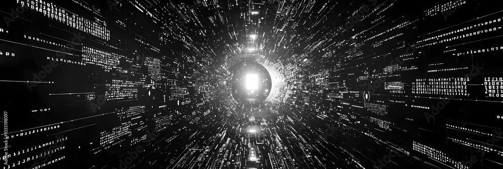 Fototapete Flowing Binary Code Creating Dynamic Digital Rain Effect Across a Black Futuristic Screen Background