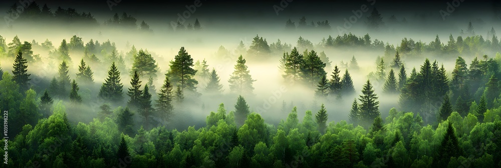 Poster Fog Rolls Over a Majestic Pine Forest Enveloping the Trees in a Mysterious and Atmospheric Mist That Creates an Enigmatic and Enchanting Landscape  The Eerie Haunting
