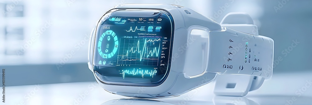 Poster futuristic smartwatch device with holographic projection of real time health and fitness data includ