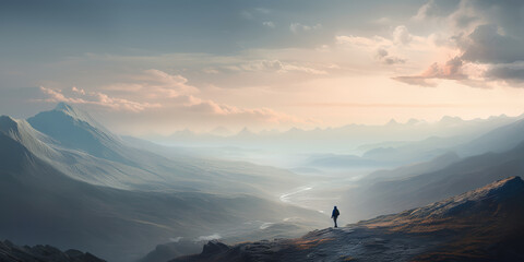 Man standing on a cliff and admiring breathtaking mountain landscape. Beautiful sunset, sunrise scenery with cinematic light.