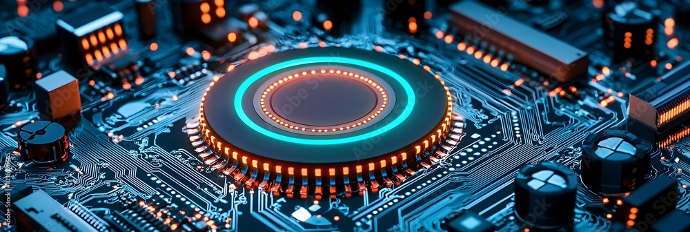 Fototapete glowing and vibrant circuit board patterns with luminous neon lights create a futuristic and high te