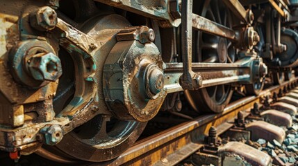 Fototapeta premium A close-up of a train's wheel and track connection, with textures of metal and gravel, Railway setting with detailed craftsmanship