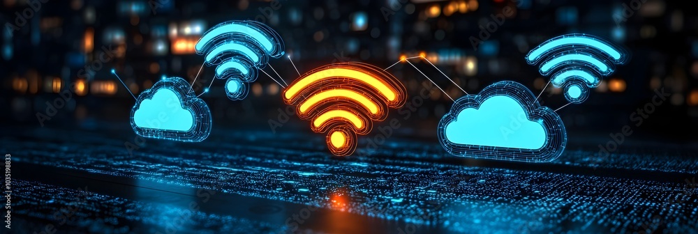 Poster glowing wi fi and cloud icons symbolizing digital connectivity with luminous lines linking the eleme