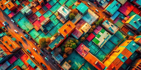 Capture the essence of urban exploration with vivid abstract backgrounds in orange, teal, green, and pink, enhancing your stunning cityscape and creative visuals.