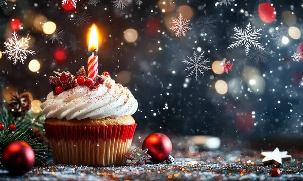 tasty christmas cupcake on snowy cozy background