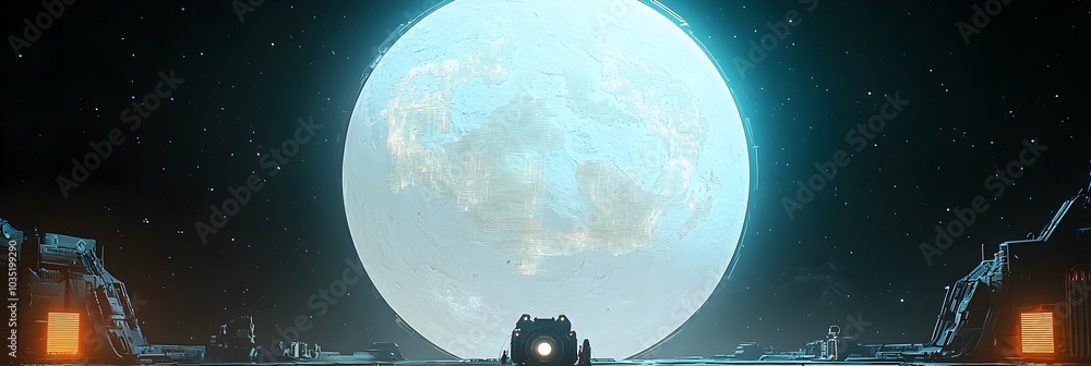 Fototapete Holographic floating display of a detailed 3D world map suspended in a futuristic outer space environment with a minimalist high tech backdrop  This image represents innovative data visualization