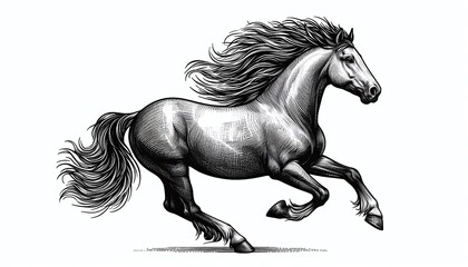 horse in mid-run with its mane flowing, drawn in an engraving style sketch engraving.
