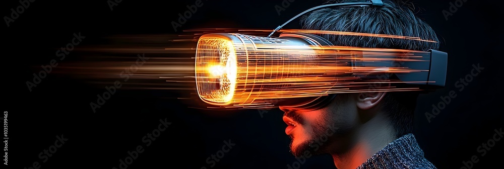 Poster immersive virtual reality headset with dynamic light trails suggesting advanced technological experi